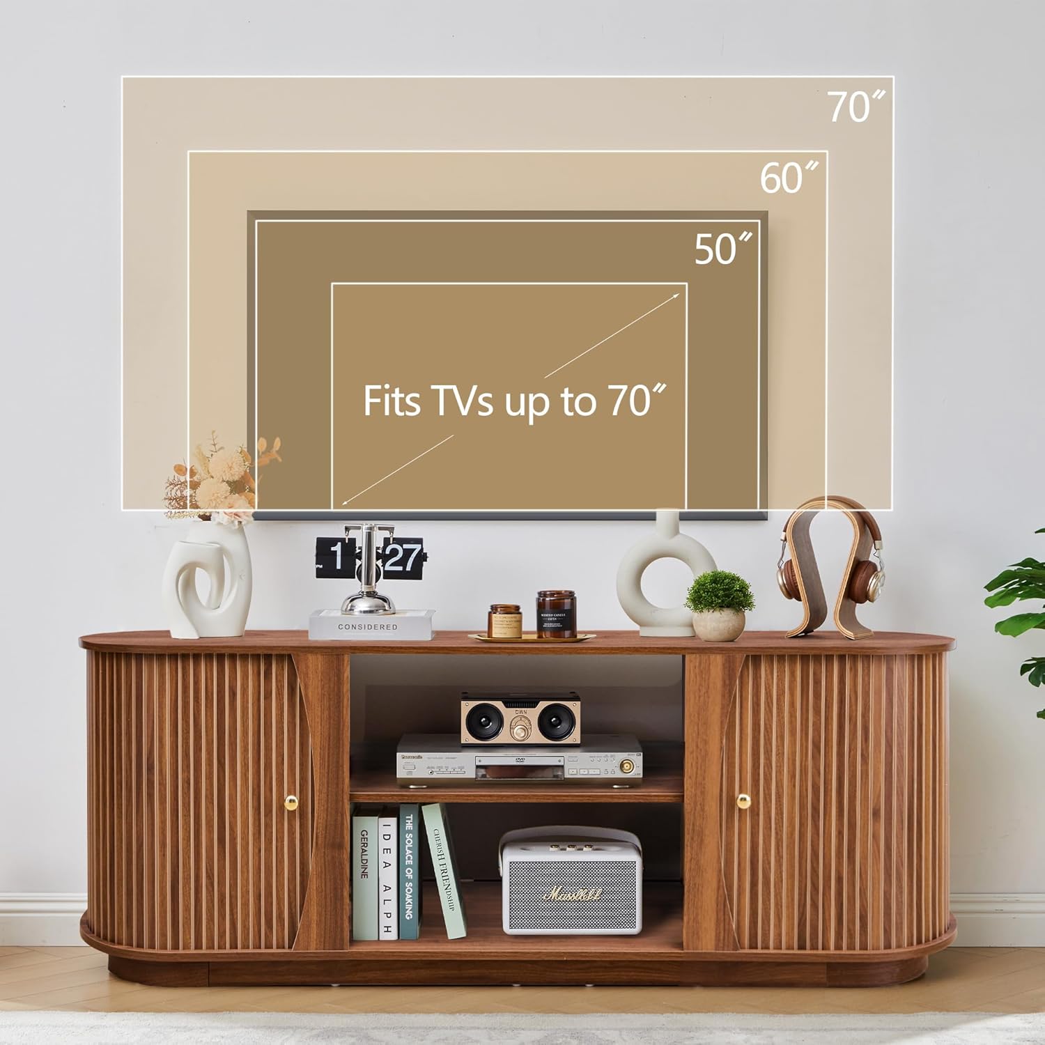 Turtle & Myrtle 63" Mid Century Modern TV Stand for Tvs up to 70", Fluted TV Media Console Table with Storage and Adjustable Shelves, Curved Edge Entertainment Center for Living Room (Brown)