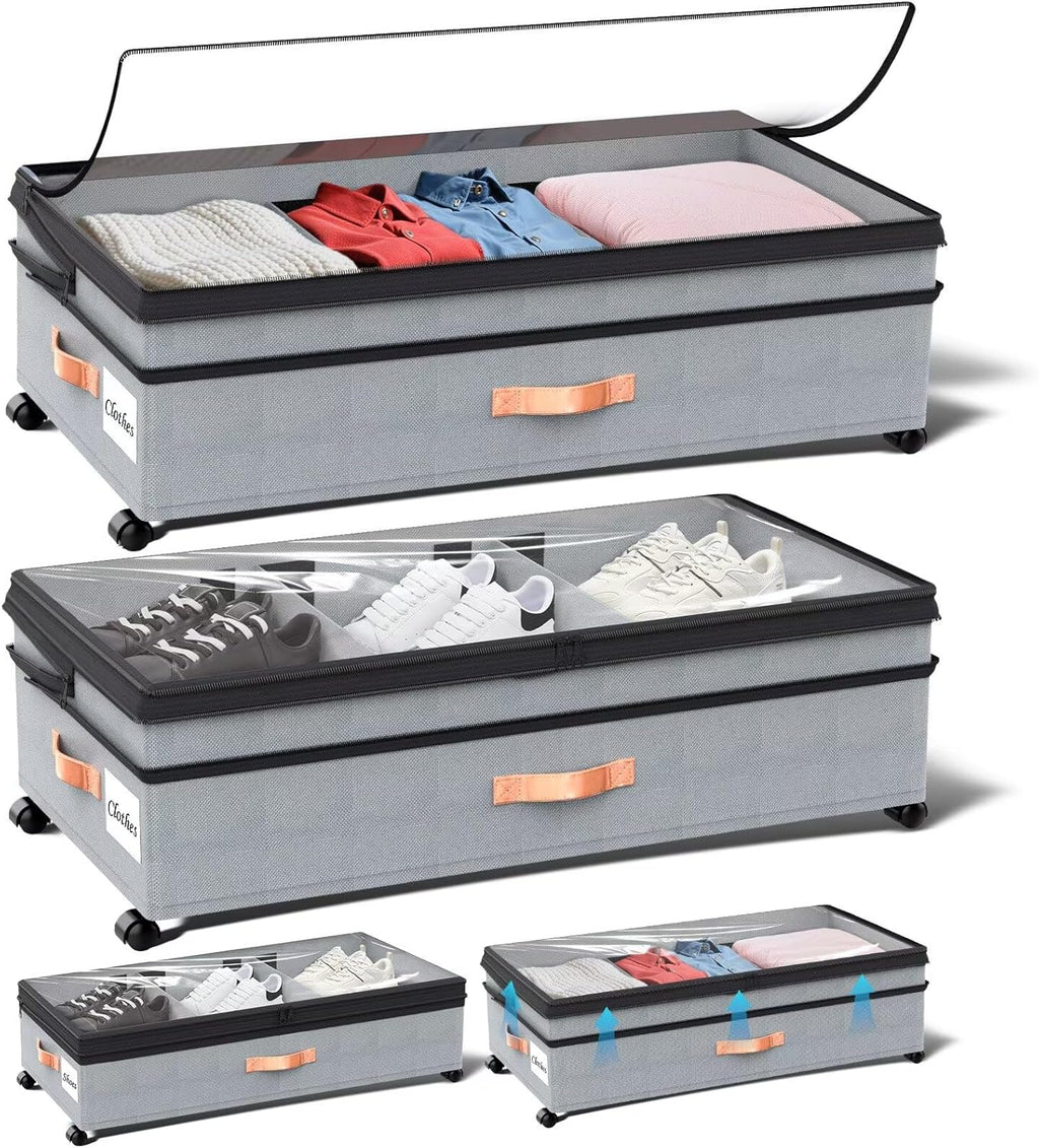 Under Bed Storage with Wheels, 2 Packs XXL Underbed Organizer with Lid, 10'' Adjustable Height Shoes Containers Clothes Rolling Bin for Bedroom Dorm, Grey