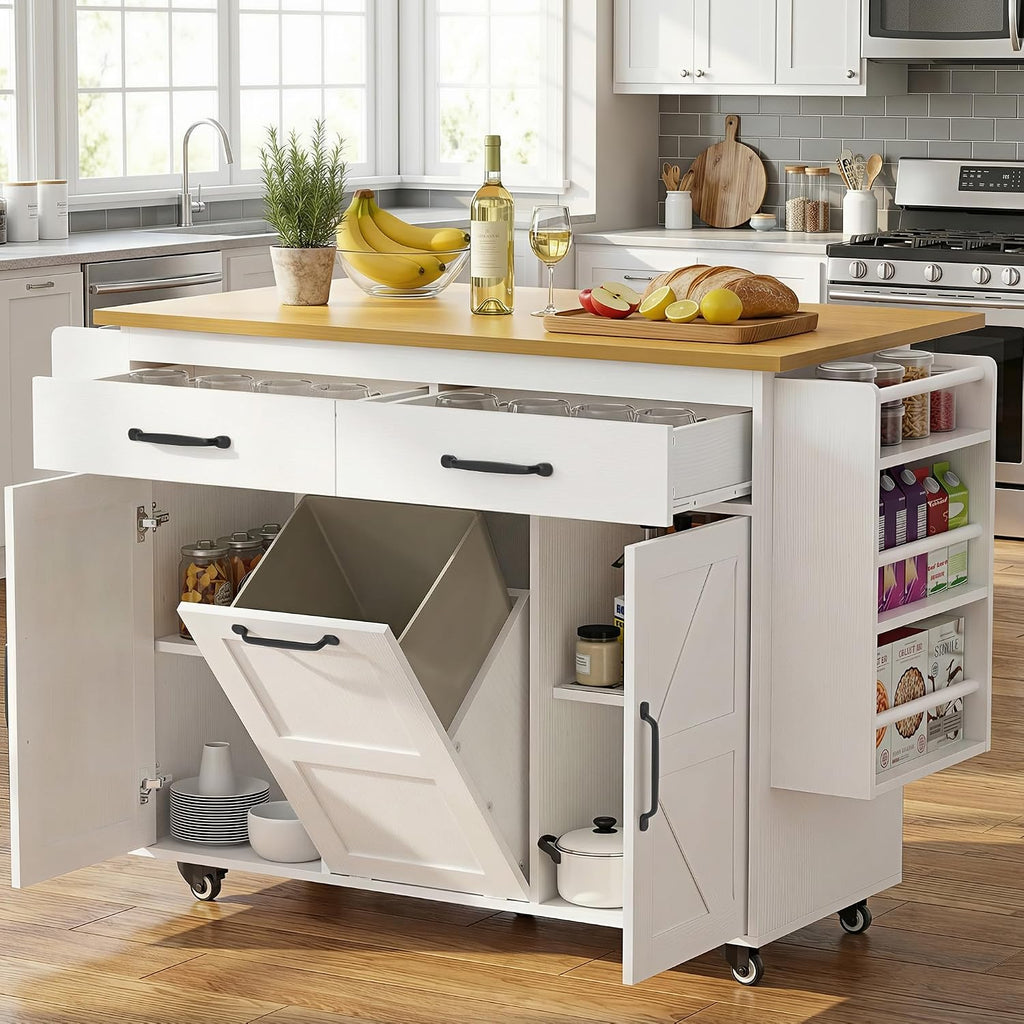 YESHOMY Kitchen Island on Wheels with Trash Cabinet, 56" Mobile Cart with Drop Leaf and Drawers, Rolling Portable Table with Spice Rack & Towel Holder for Dining Room, White & Brown