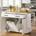 YESHOMY Kitchen Island on Wheels with Trash Cabinet, 56" Mobile Cart with Drop Leaf and Drawers, Rolling Portable Table with Spice Rack & Towel Holder for Dining Room, White & Brown