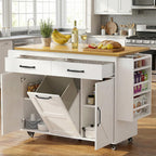 YESHOMY Kitchen Island on Wheels with Trash Cabinet, 56" Mobile Cart with Drop Leaf and Drawers, Rolling Portable Table with Spice Rack & Towel Holder for Dining Room, White & Brown