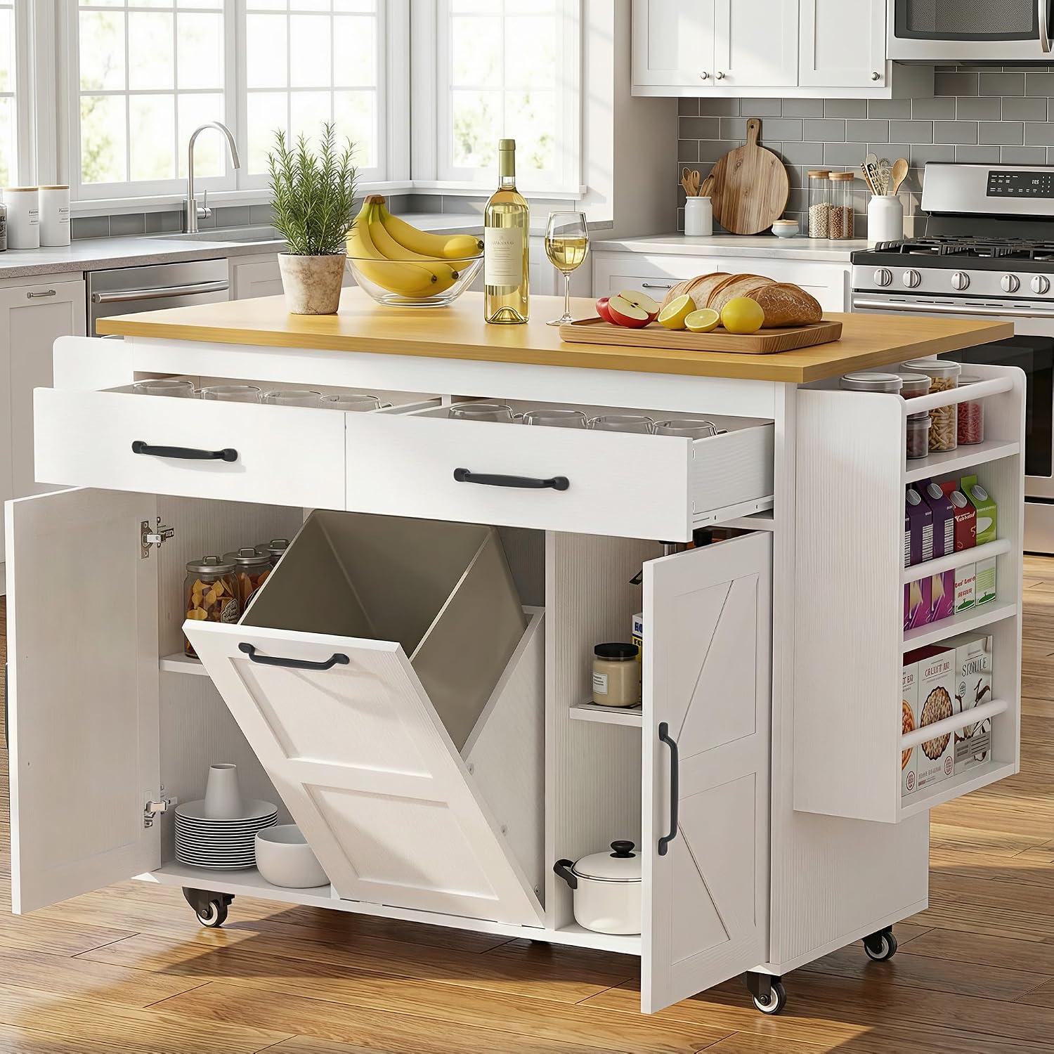 YESHOMY Kitchen Island on Wheels with Trash Cabinet, 56" Mobile Cart with Drop Leaf and Drawers, Rolling Portable Table with Spice Rack & Towel Holder for Dining Room, White & Brown