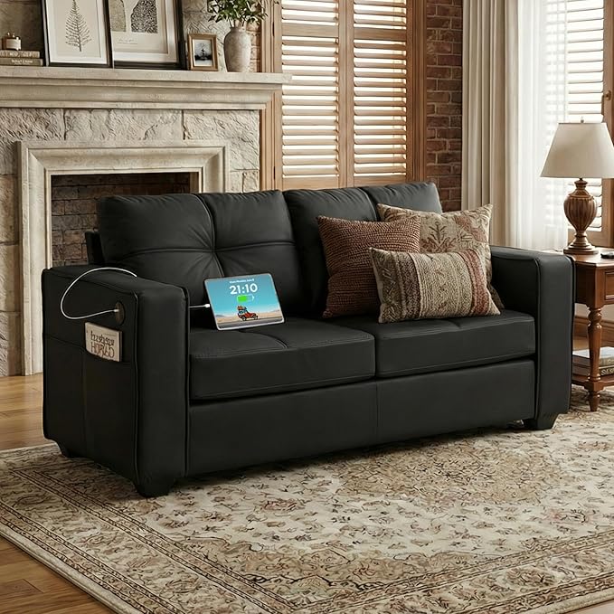 TYBOATLE 65" Faux Leather Loveseat for Living Room, Comfy Mid-Century Modern Tufted Black Loveseat w/USB Charging Ports and Wide Arms, 2 Seater Office Small Couch for Small Space Bedroom
