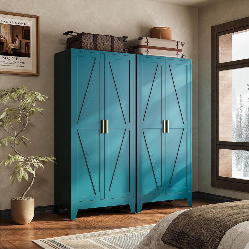 Metal Armoire Wardrobe Closet, Blue Farmhouse Storage Cabinet with Adjustable...