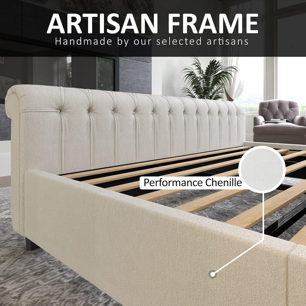 AMERLIFE Queen Size Upholstered Sleigh Bed Frame with Wingback Headboard