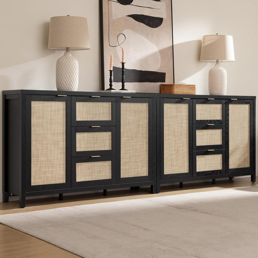 SICOTAS Rattan Large Sideboard Buffet Cabinet with Storage - Farmhouse Boho C...