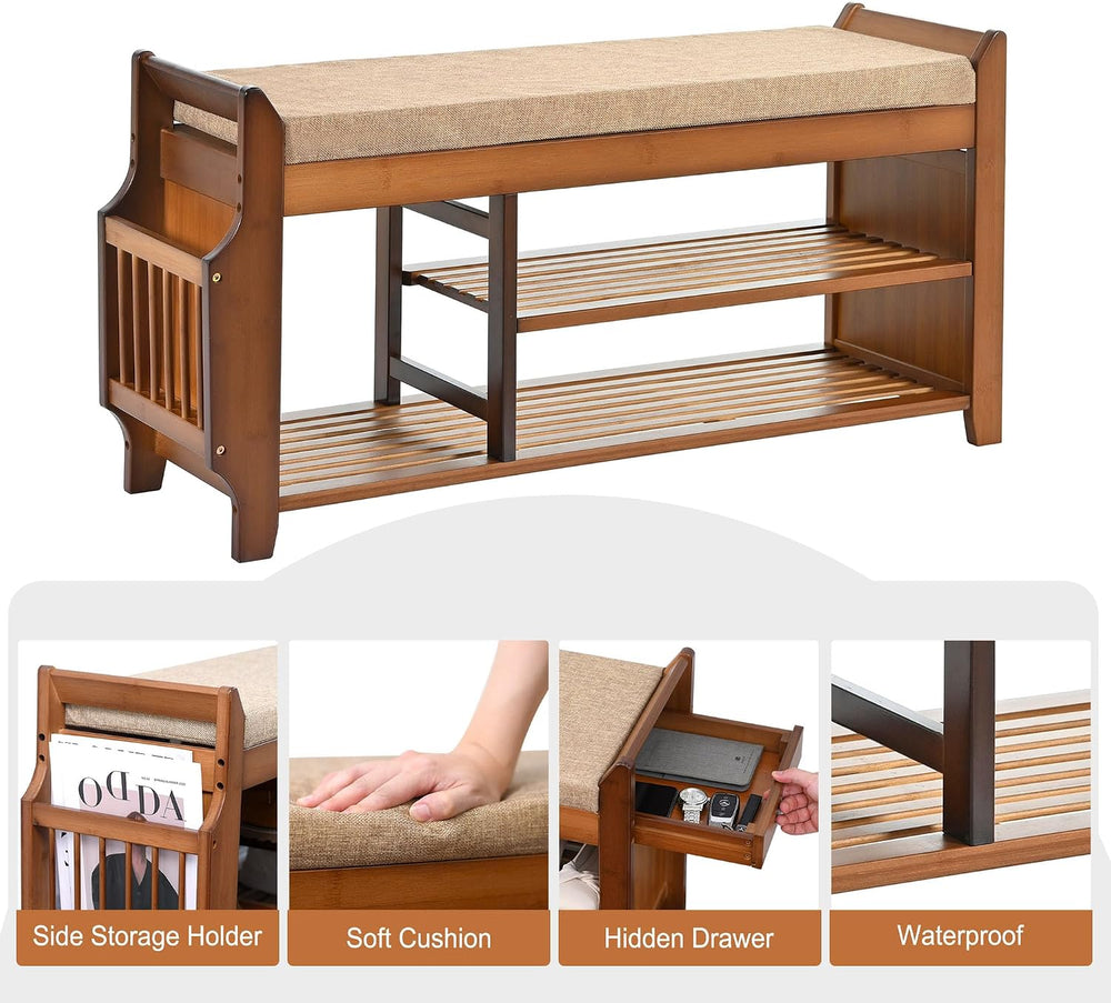 PETKABOO Shoe Bench with Hidden Drawer and Side Holder, 2 Tier Entryway Bench...