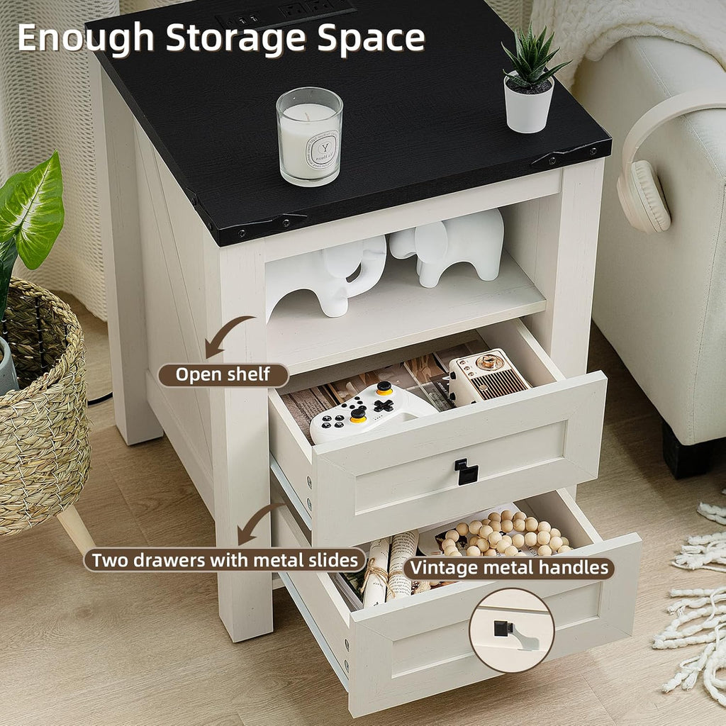 Night Stands with Charging Station Set of 2, Farmhouse Nightstand, White Wooden Bedside End Tables with 2 Drawers and Open Shelf, Bed Side Table for Bedroom, Living Room, Closet, Office