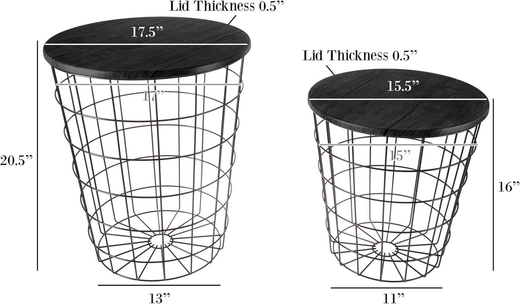 End Tables Set of 2 - Nesting Tables with Removable Wood Tops and Metal Basket Bases for Blanket Storage - Round Side Pieces for Living Room, Bedroom, or Home Office by Lavish Home (Black)