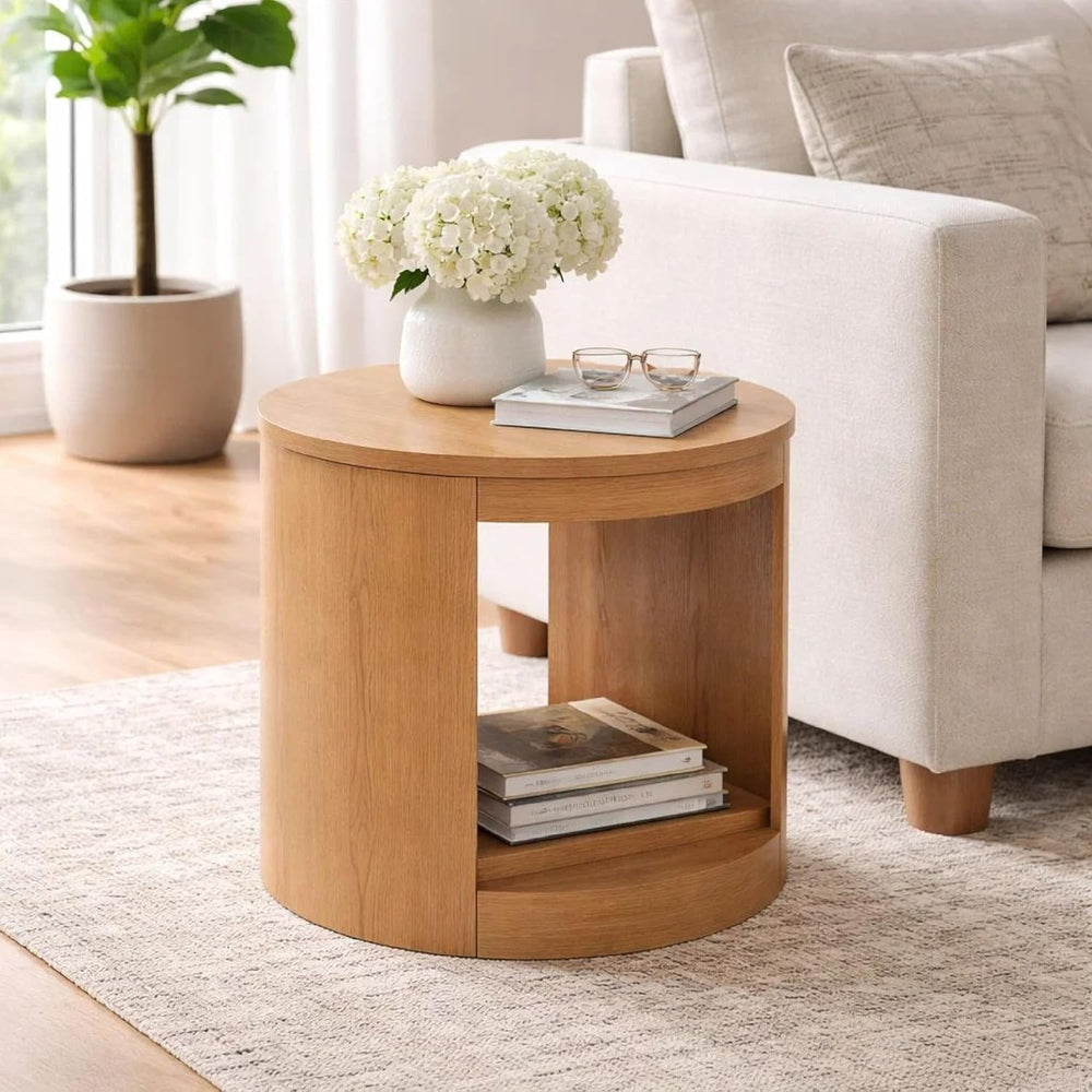 Benzara Sery Side End Table, 22 Inch Round Top with Open Lower Shelf, Oak Brown
