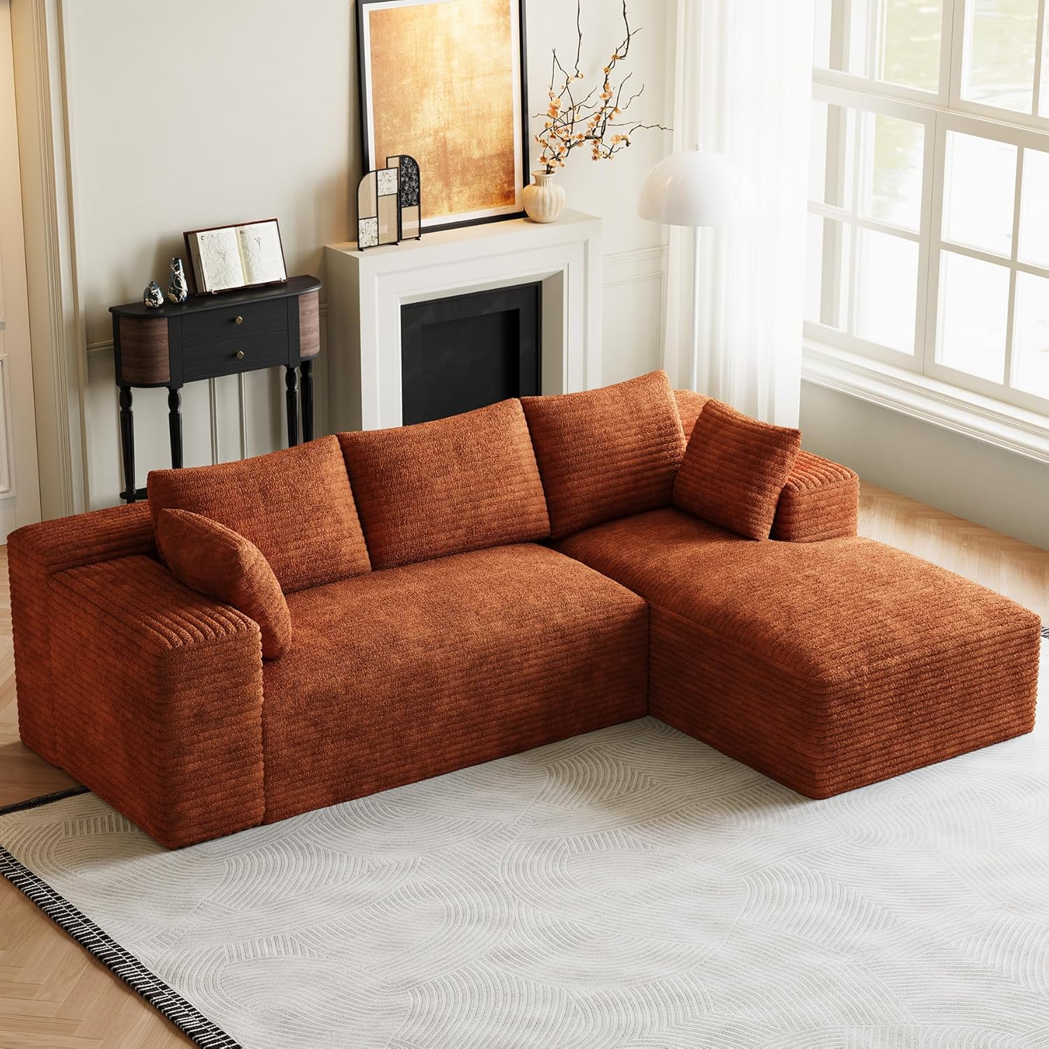 ONEMMLION 96" L-Shaped Cloud Boneless Couch Sofa with Chaise, Orange | Corduroy Comfy Fluffy Modular Deep Seat Memory Foam Compressed Sectional Sofa for Living Room Oversized Right Facing Chaise
