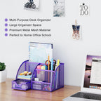 EasyPAG Mesh Desk Organizer with Drawer Multi-functional Pen Holder Stationery Organizer for Office School Supplies 6 Compartments Dorm Organizers and Storage for Desk, Purple