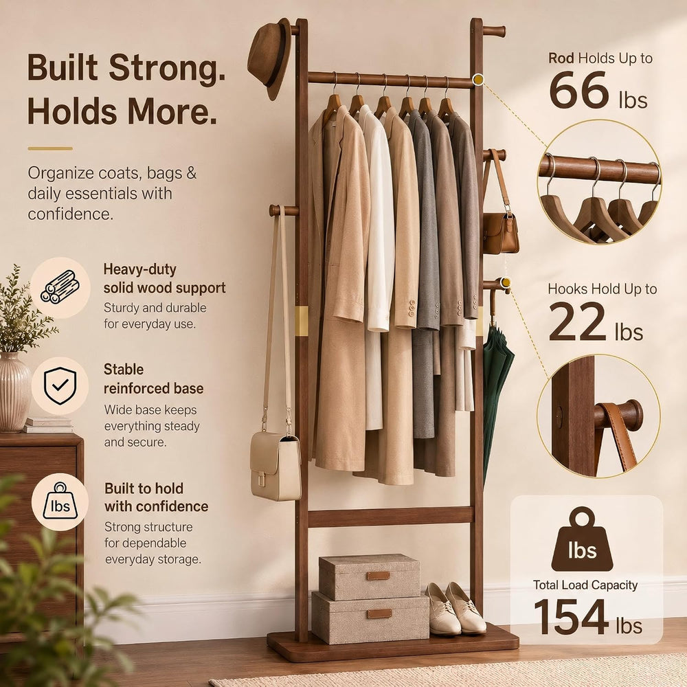 Solid Wood Coat Rack Freestanding, Clothing Rack with 5 Hooks & Bottom Sh...