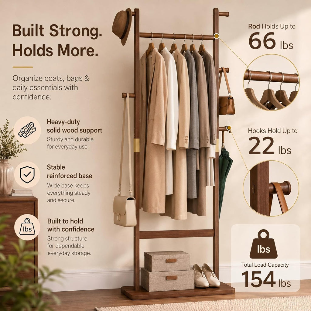 Solid Wood Coat Rack Freestanding, Clothing Rack with 5 Hooks & Bottom Shelf, Coat Rack Stand for Hanging Clothes, Wood Hall Tree Organizer for Entryway, Bedroom (Walnut Brown 23.6"W x 70.8"H)