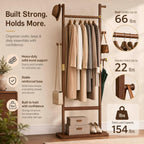 Solid Wood Coat Rack Freestanding, Clothing Rack with 5 Hooks & Bottom Shelf, Coat Rack Stand for Hanging Clothes, Wood Hall Tree Organizer for Entryway, Bedroom (Walnut Brown 23.6"W x 70.8"H)