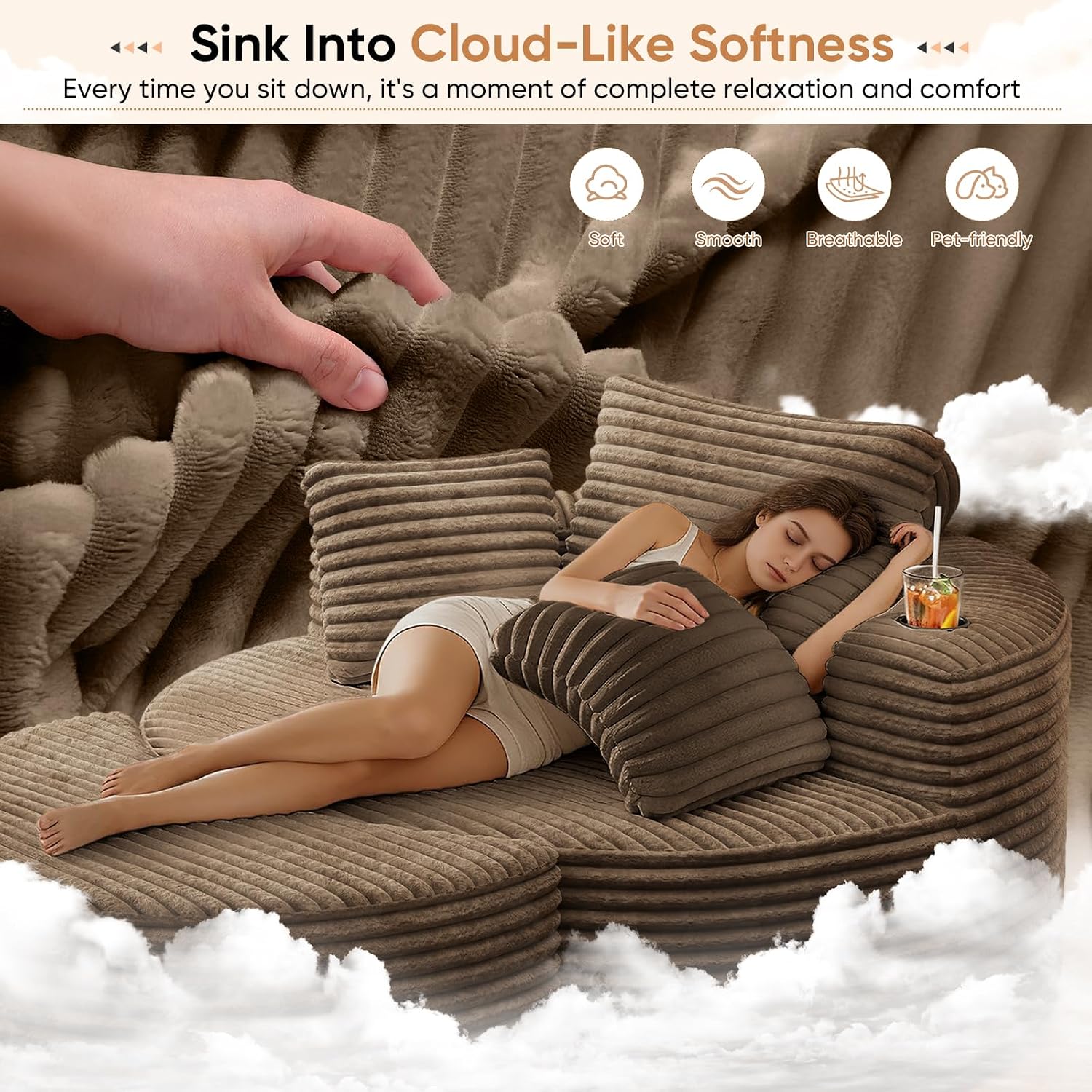 Oversized Round Chaise Longue Chair with Ottoman, Modern Corduroy Deep Seat Circle Single Cloud Boneless Floor Accent Chair w/Cup Holders for Living Room, Bedroom Apartment, 55" W * 74.6" D, Brown