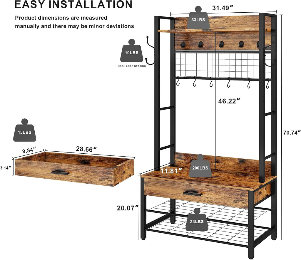 DKLGG Hall Tree with Bench and Shoe Storage for Entryway, 5-in-1 Coat Rack with Shoe Storage, Wood Look Accent Shoe and Coat Rack, Farmhouse Hall Tree with 12 Hooks for Mudroom, Bedroom, Living Room