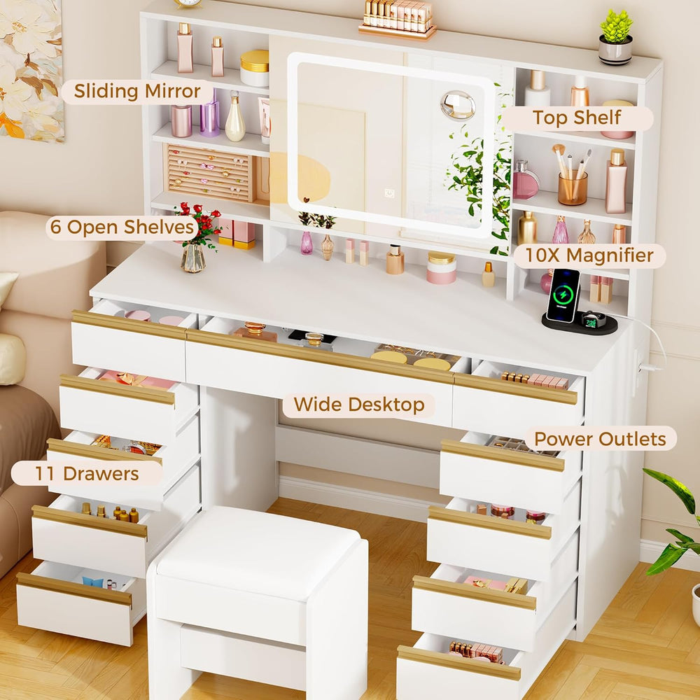 ANWBROAD Large Vanity Desk with Sliding Mirror and Lights& Jewelry Storag...