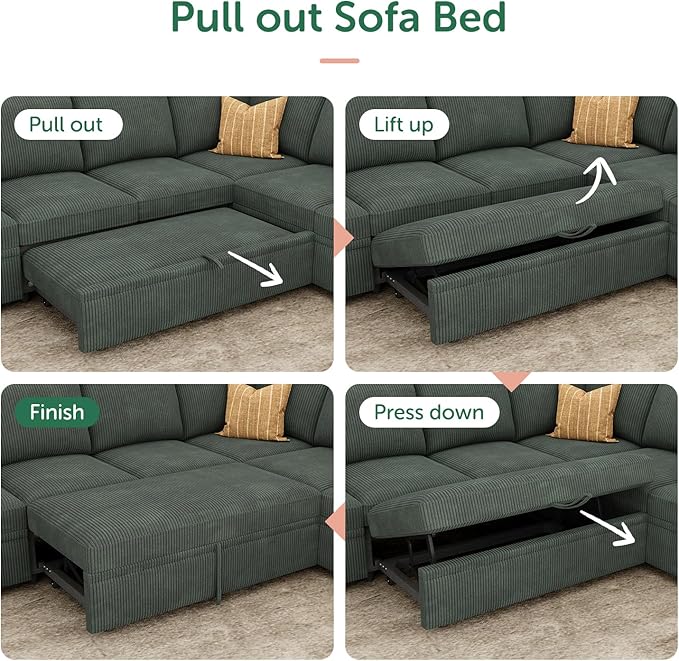 HONBAY Modular Sectional Sleeper Sofa with Pull Out Bed, Corduroy Couch with Storage Seats Ottoman, U Shaped Sectional Couches for Living Room, Green
