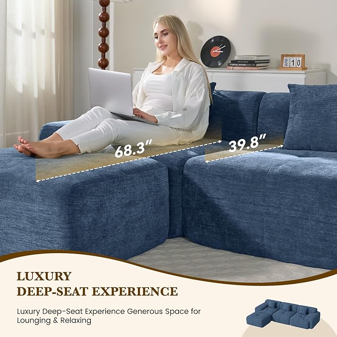 158" U Shaped Convertible Modular Couch, Cloud Couch Sectional with Ottoman, 6-Seater Chenille Boneless Couches for Living Room, Apartment, No Assembly, Blue 1PCS