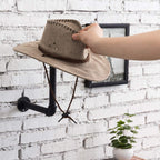 MyGift 3 Pcs Cowboy Hat Holder on Wall, Hat Rack Hooks, Wig Display Helmet Collection Organizer, Baseball Cap Hanger Entryway Bedroom, Realistic Black Metal Pipe Brown Wood