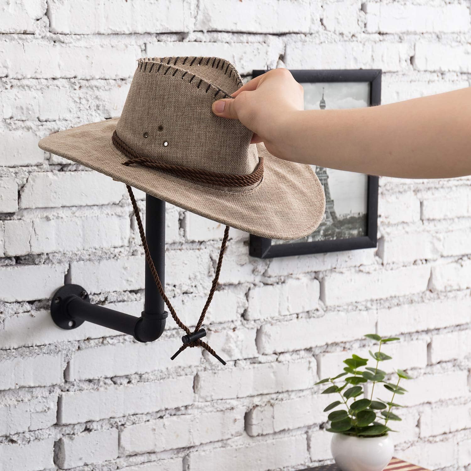 MyGift 3 Pcs Cowboy Hat Holder on Wall, Hat Rack Hooks, Wig Display Helmet Collection Organizer, Baseball Cap Hanger Entryway Bedroom, Realistic Black Metal Pipe Brown Wood
