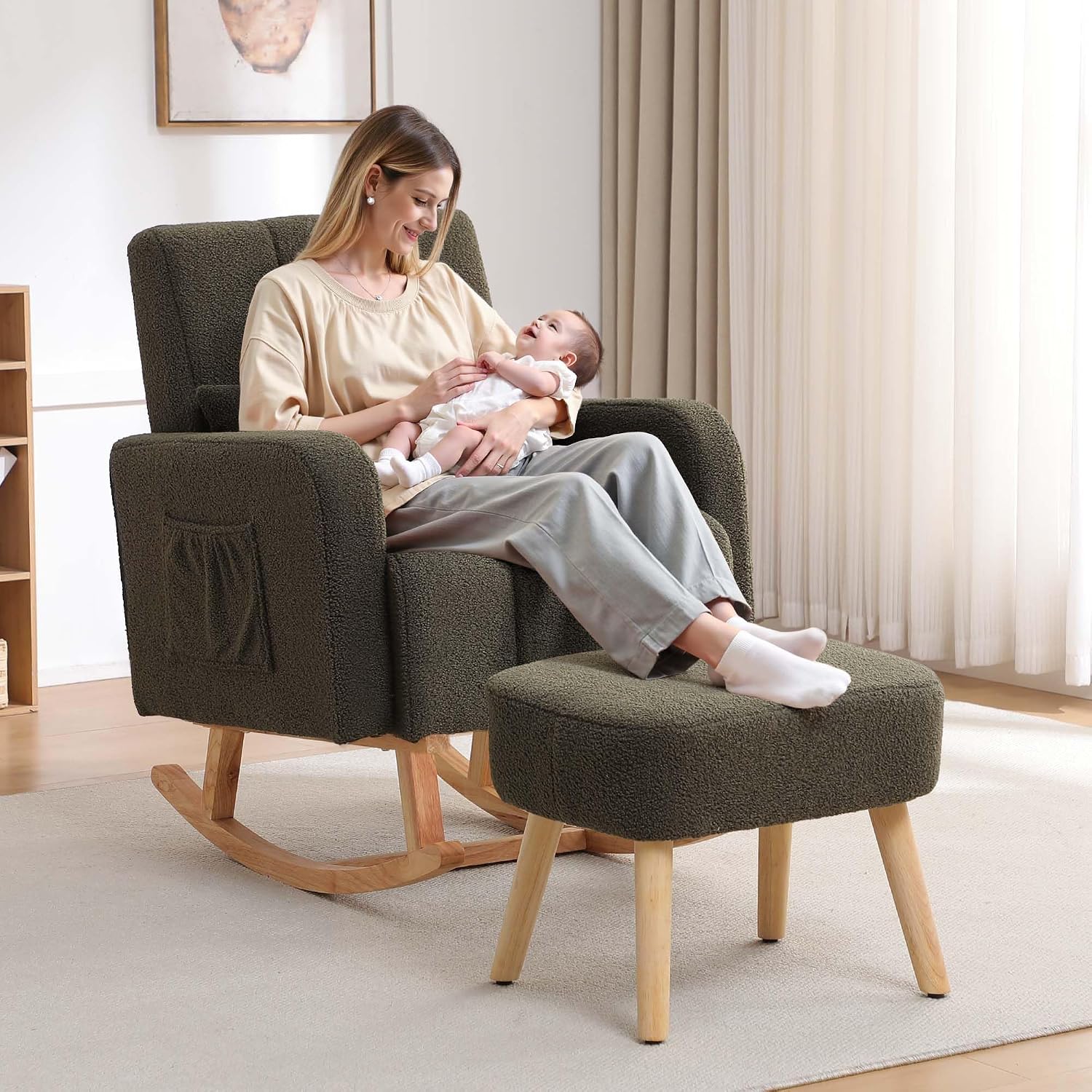 HCHAIRH Rocking Chair with Ottoman, Nursery Glider Rocker with High Backrest and Side Pocket, Teddy Rocking Accent Armchair with Solid Wood Legs for Nursery, Living Room, Bedroom Green