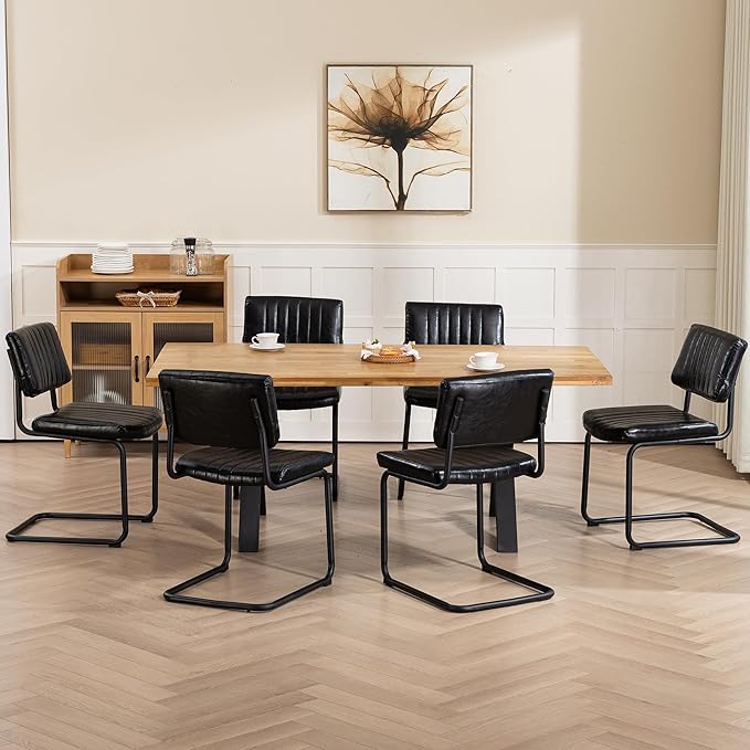 Cantilever Dining Chairs Set of 6, Mid Century Modern Dining Chairs with Black Metal Legs, Upholstered Leather Kitchen Chairs, Armless Cantilever Chair for Kitchen & Living Room, Black
