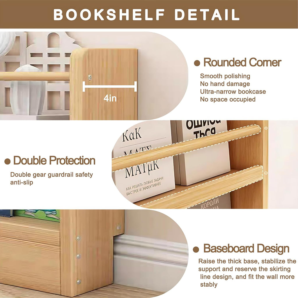 Behind The Door Bookshelf, 6-Tier Wooden Bookcases with Open Display Shelves, Behind The Door Storage Organizer for Toys and Books, Space-Saving Wall Mount Narrow Book Shelf