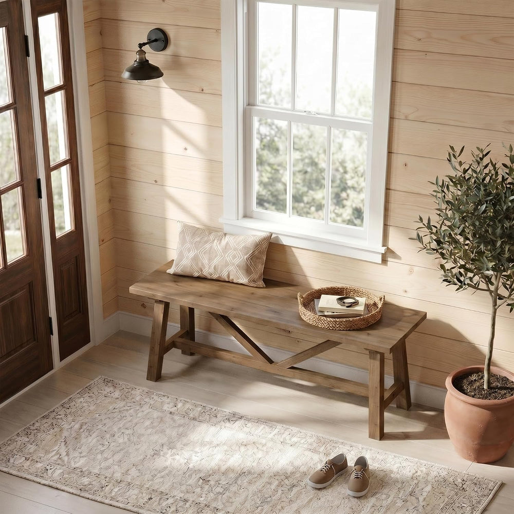 Wnutrees 43" Farmhouse Solid Wood Bench, Narrow Long Seat, Natural | Ent...