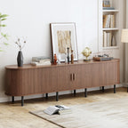 86.6" TV Stand with Power Outlet, Mid-Century Modern Television Stand, Fluted Media Console with Sliding Doors, Entertainment Center for TVs up to 90 Inch, Adjustable Shelves, Walnut