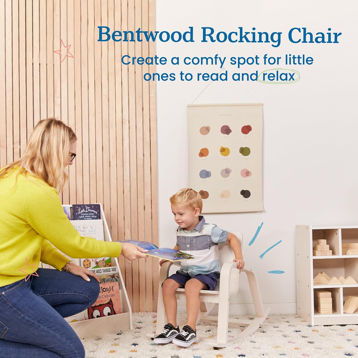 ECR4Kids Bentwood Rocking Chair with Armrests, Montessori, White Wash | Durable birch, GREENGUARD Gold Certified, 2-5 years, 74 lb capacity, comfortable curved seat, nylon glides, classroom/home