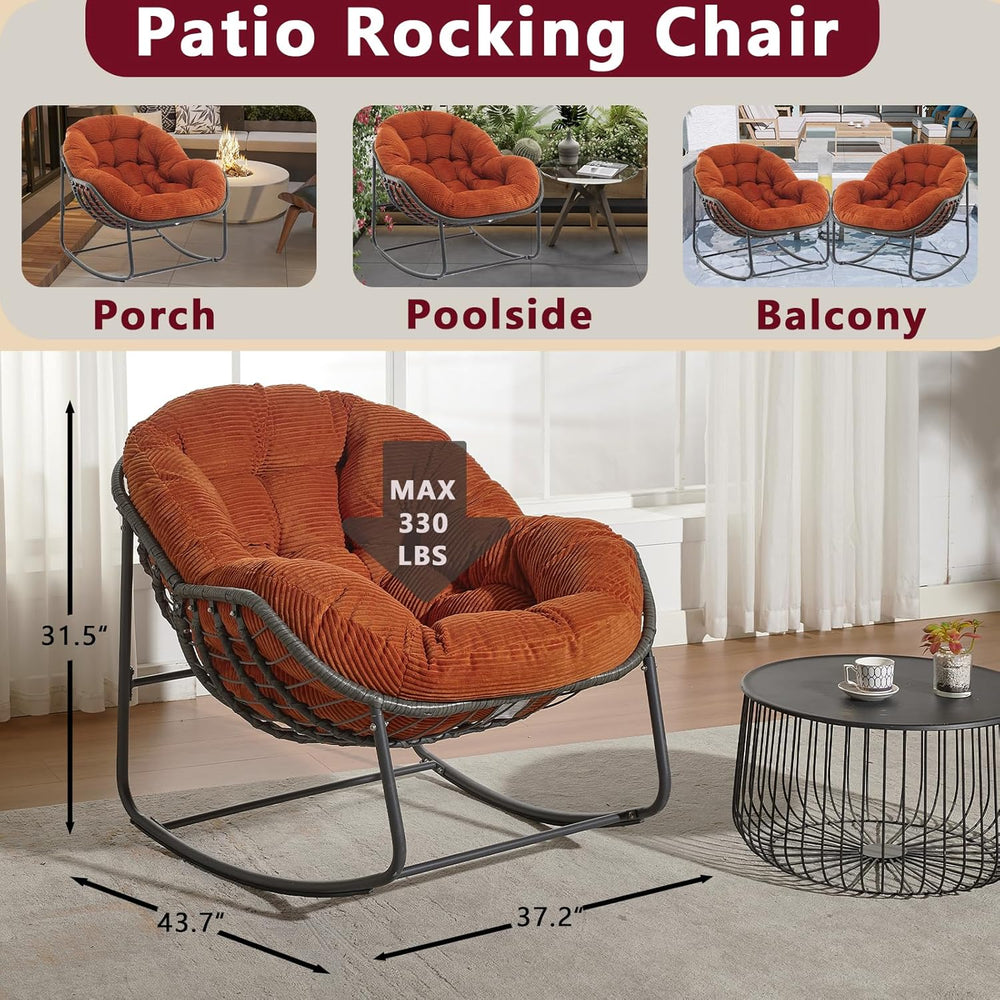 Oversized Outdoor Papasan Rocking Chair with Soft Cushion, Comfy Patio Egg Ch...