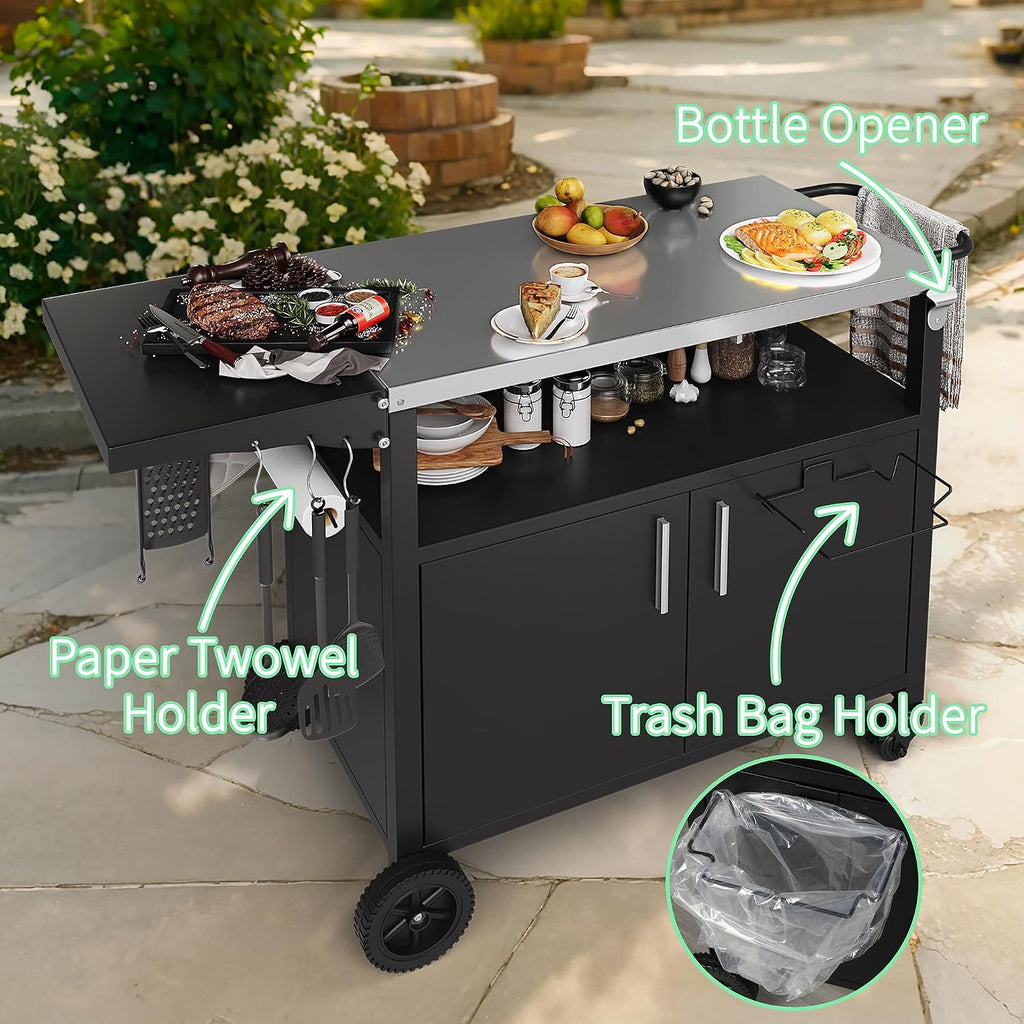 Shintenchi Outdoor Grill Cart Table with Stainless Steel Top for Kitchen Prep & BBQ, Outdoor Kitchen Island Table with Side Handle, Multifunctional Outdoor Grill Table, Black