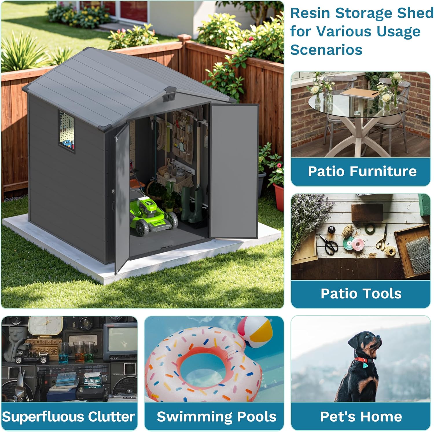 Devoko 6x6 FT Plastic Outdoor Storage Shed - Lockable Resin Tool Shed with Window & Floor - Easy Assembly for Garden, Backyard, Dark Gray