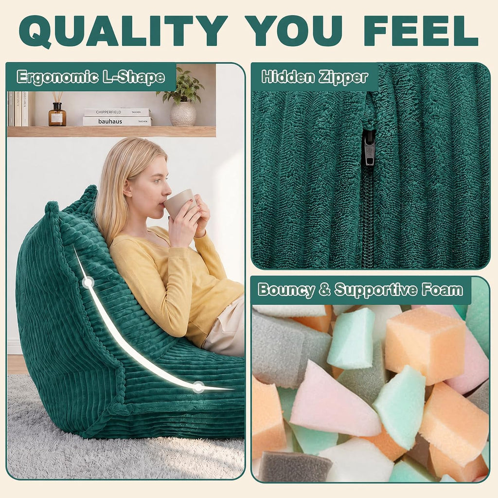 L-Shaped Oversized Bean Bag Chair(L-Green) | Fluffy Memory Foam Beanbag with Corduroy Fabric for Adults Teens Kids, Lounge Floor Sofa Chair for Living Room Bedroom