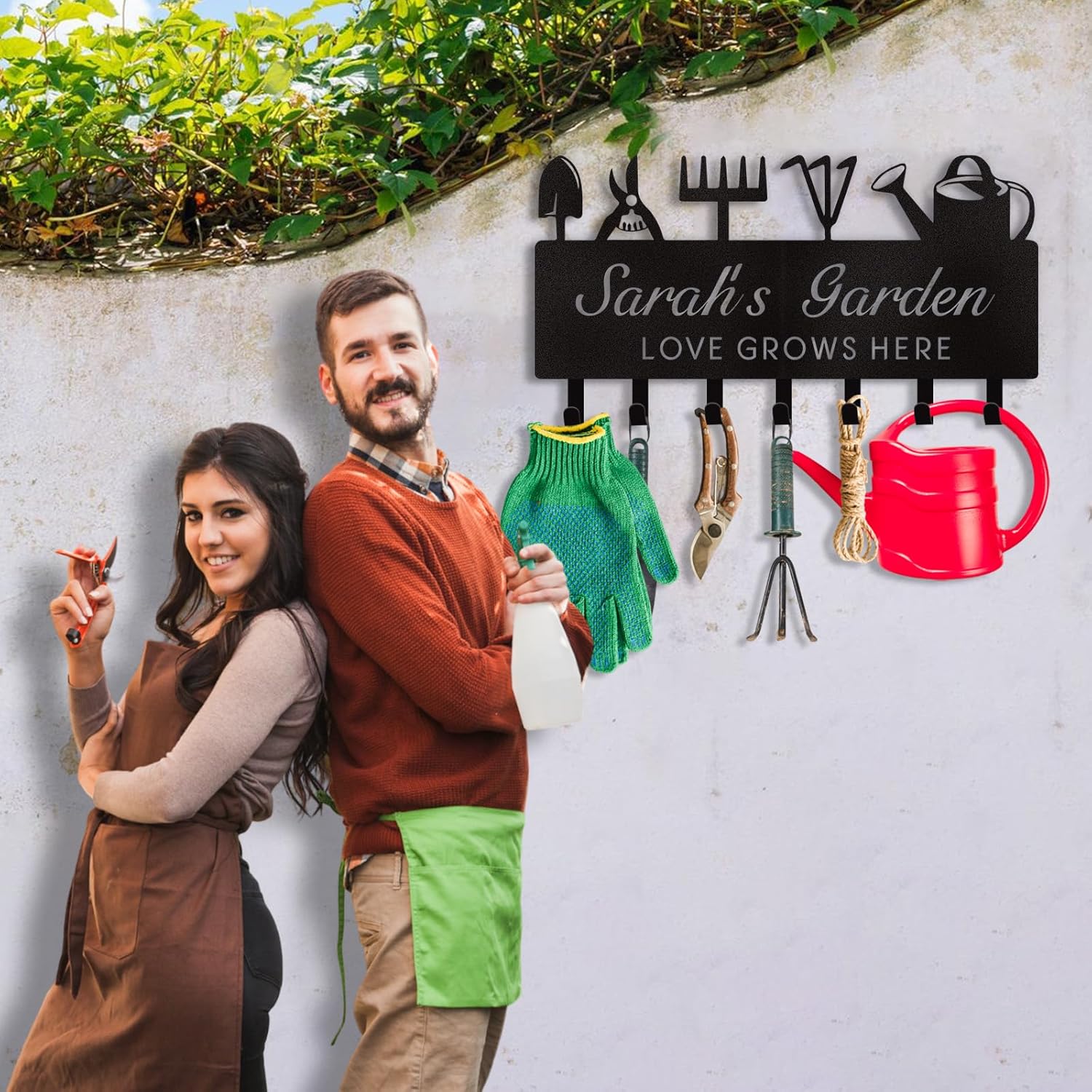 Personalized Key Holder for Wall, Custom Name Wall Mounted Black Key Hanger with Horticultural Garden Design, Key Racks Organizer for Hallway Entryway Front Door Storeroom Decor