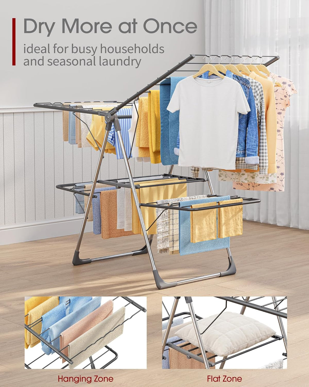 Sakugi Clothes Drying Rack, Foldable 2-Level Laundry Drying Rack with Height-Adjustable Wings, for Clothing & Bedding, Free-Standing Space-Saving Rack, Indoor & Outdoor, 55.5" L × 22.8" W, Gray