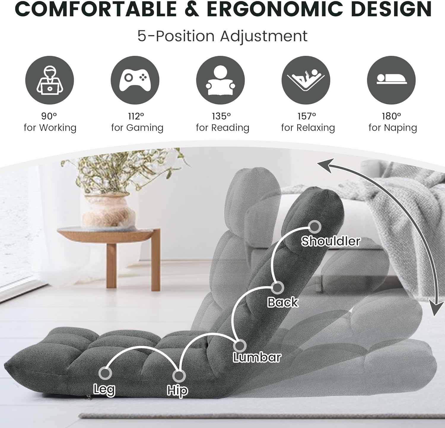 Murago Folding Floor Chair with Back Support for Adults, Adjustable Japanese Meditation; Portable Gaming Chair Recliner Seat with Comfy Cushion, for Teens, Dark Grey