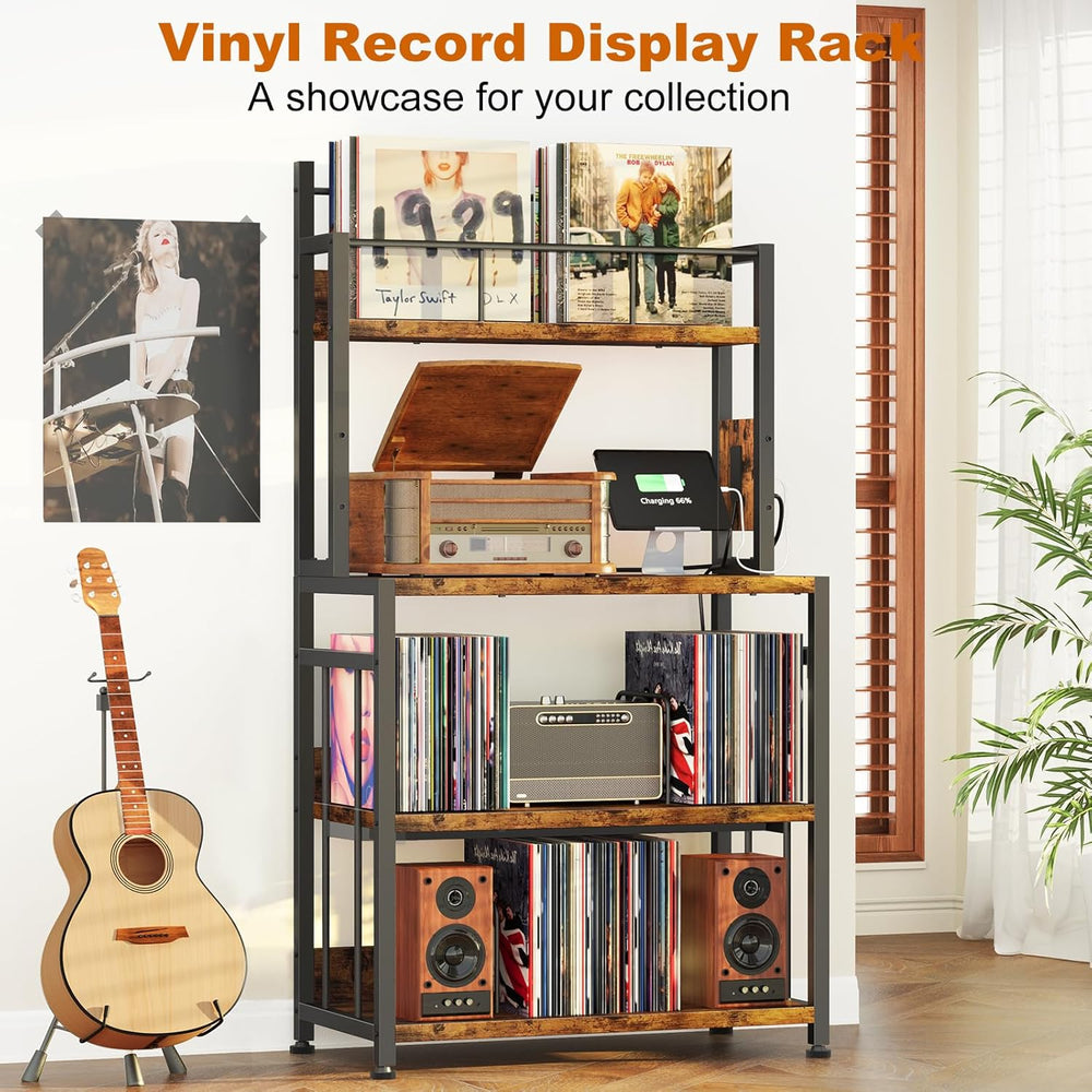 Record Player Stand with Power Outlets,Vinyl Display and Storage shelf | 4-Ti...