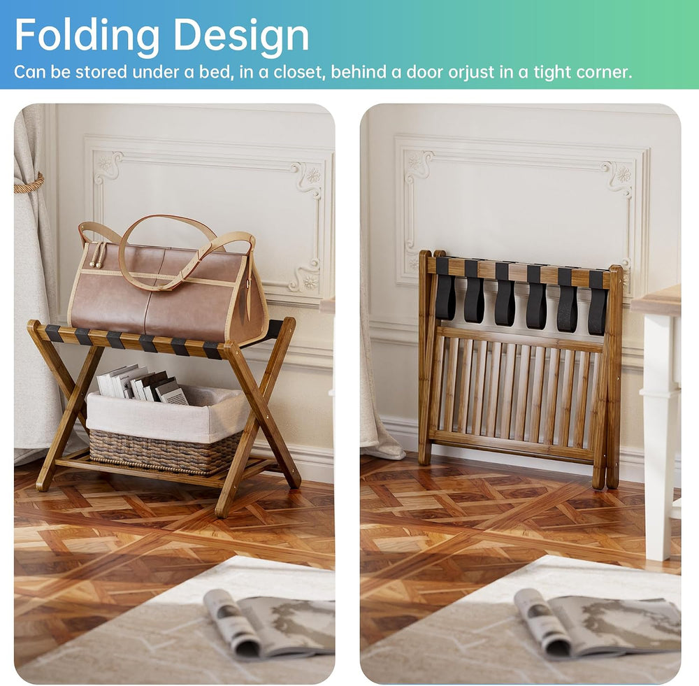 SMIBUY Luggage Rack, Set of 2, Foldable Bamboo Suitcase Stand with Storage Sh...
