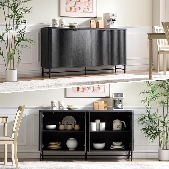 65" Large Sideboard Buffet Cabinet with Storage, Set of 2 Modern Fluted Credenza Accent Coffee Bar Console Tables with Doors & Adjustable Shelves for Living Room or Hallway, Black & Grey