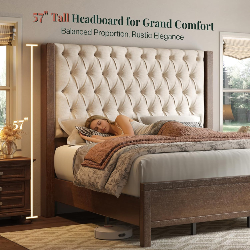 Jocisland Queen Size Solid Wood Bed Frame,57" Wingback Headboard,Walnut