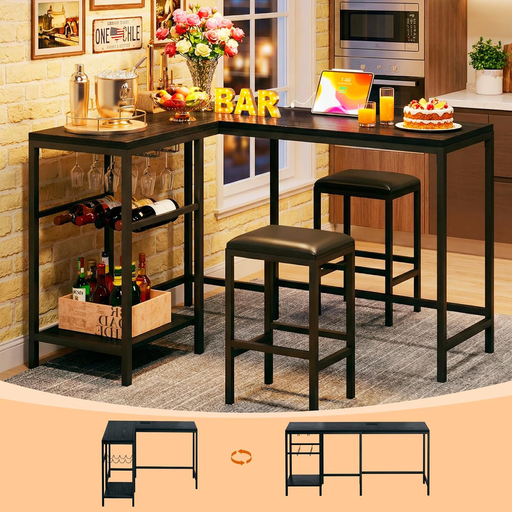 Bar Table and Chairs Set for 2-4, 3-Piece Convertible L-Shaped Dining Set wit...