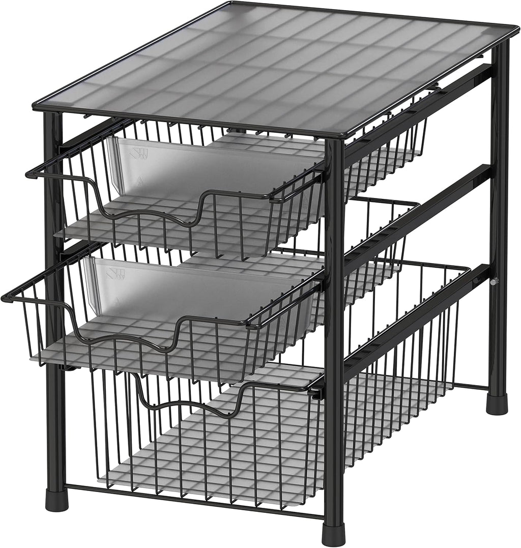 Simple Houseware 3-Tier Stackable Sliding Basket Storage Organizer Drawer for Bathroom and Kitchen, Black