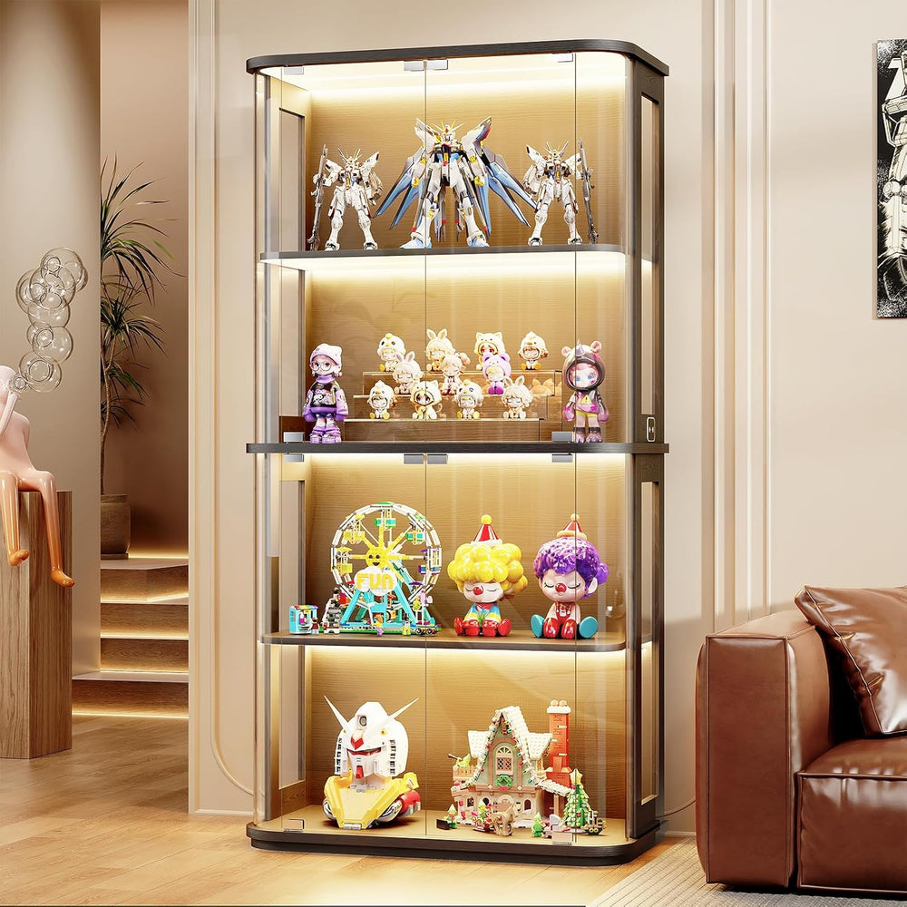 BROTTAR Rounded Display Cabinet with Glass Door, 4-Tier Curio Cabinet with Tr...