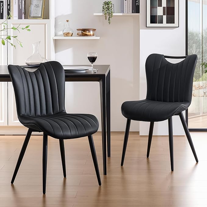 Leather Upholstered Dining Chairs Set of 4, Mid-Century Modern Kitchen Dining Room Chair with Black Metal Legs, Armless Faux Leather Accent Dinner Chairs Kitchen Side Chair, Black
