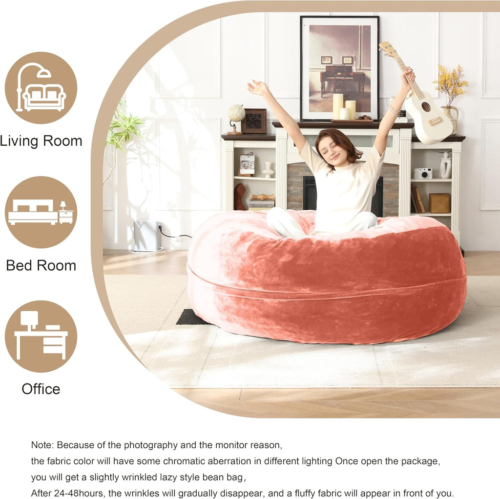 Bean Bag Chair for Adults Soft Comfy Bean Bag for Adults, Cozy Reading Chair, Large Round Bean Bag Couch, Versatile Living Room & Bedroom Chairs (Pink, 5FT)