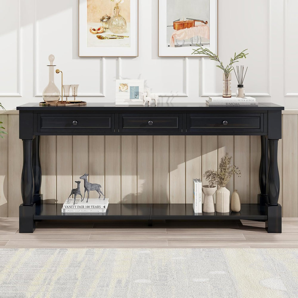 Knocbel Long Console Table with 3 Drawers & Bottom Open Shelf, Solid Wood...