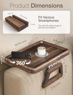 Tinamo Acacia Sofa Arm Tray, Couch Armrest Table with 360° Phone Holder - Armchair Caddy, 2-in-1 Couch Holder Tray - Sofa Arm Table for Home Living Room - No Assembly Required (Walnut Color)